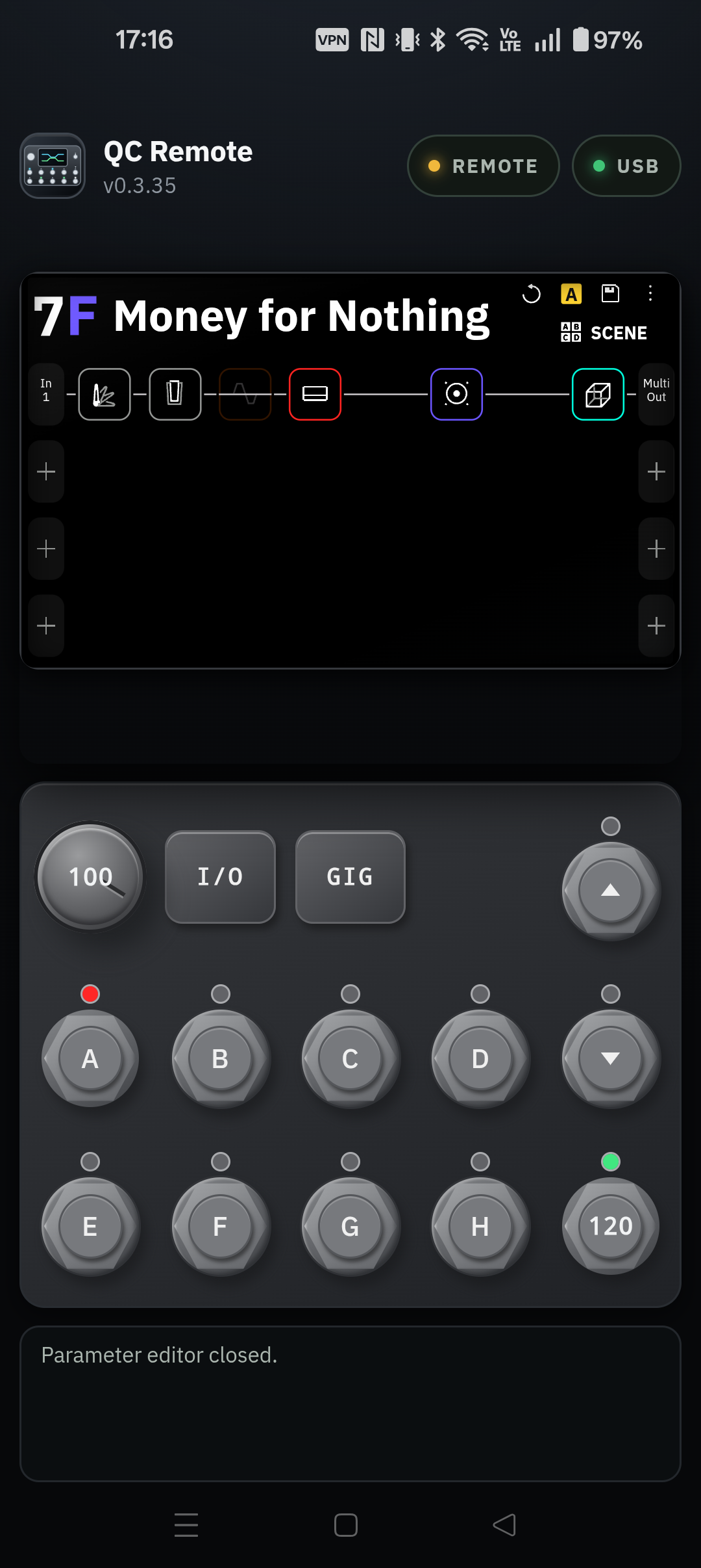 QC Remote Android app showing a connected rig and performance controls