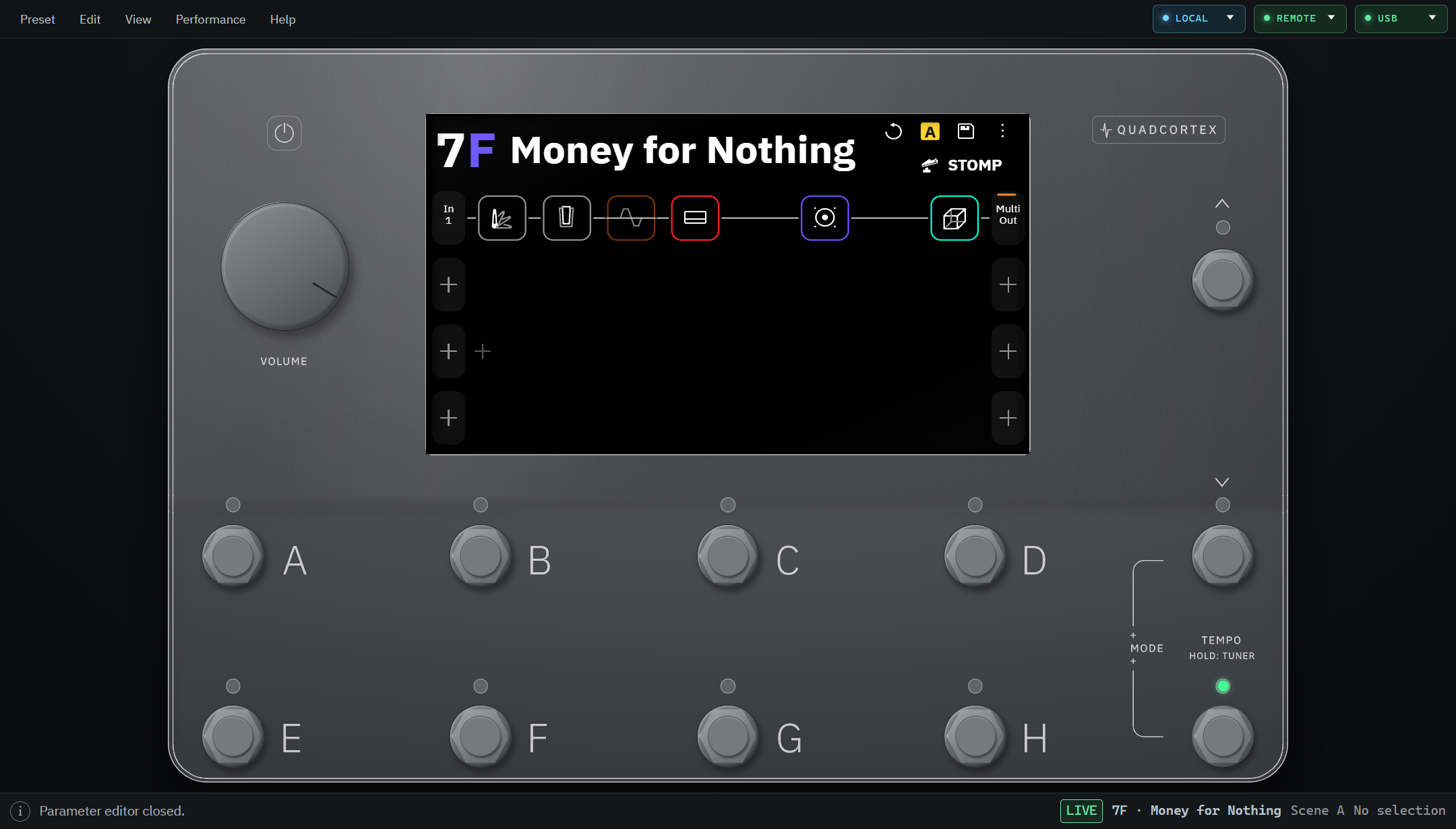 QC Remote Windows app showing the Quad Cortex control grid