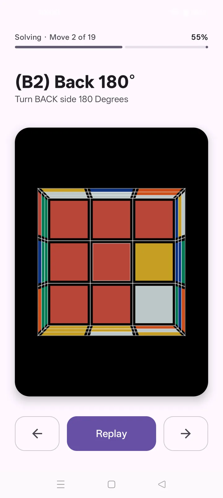 Move 2 of 19 shown on the 3D cube with the turn named above it