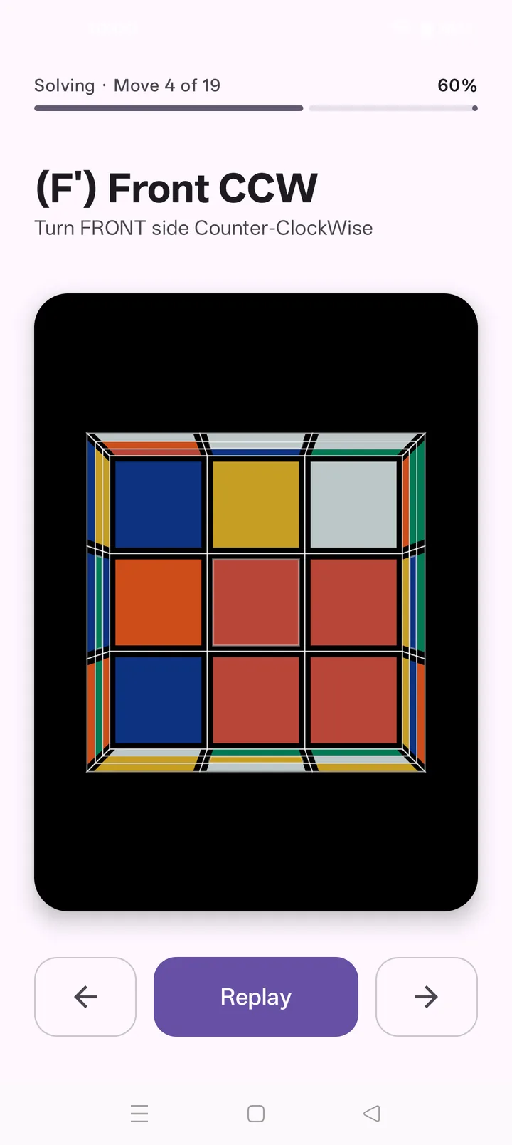 Move 4 of 19, a counter-clockwise front turn, on the 3D cube
