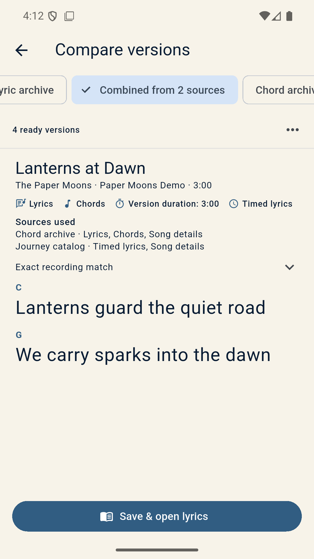 Singbook Android app comparing song versions using an original fictional sample