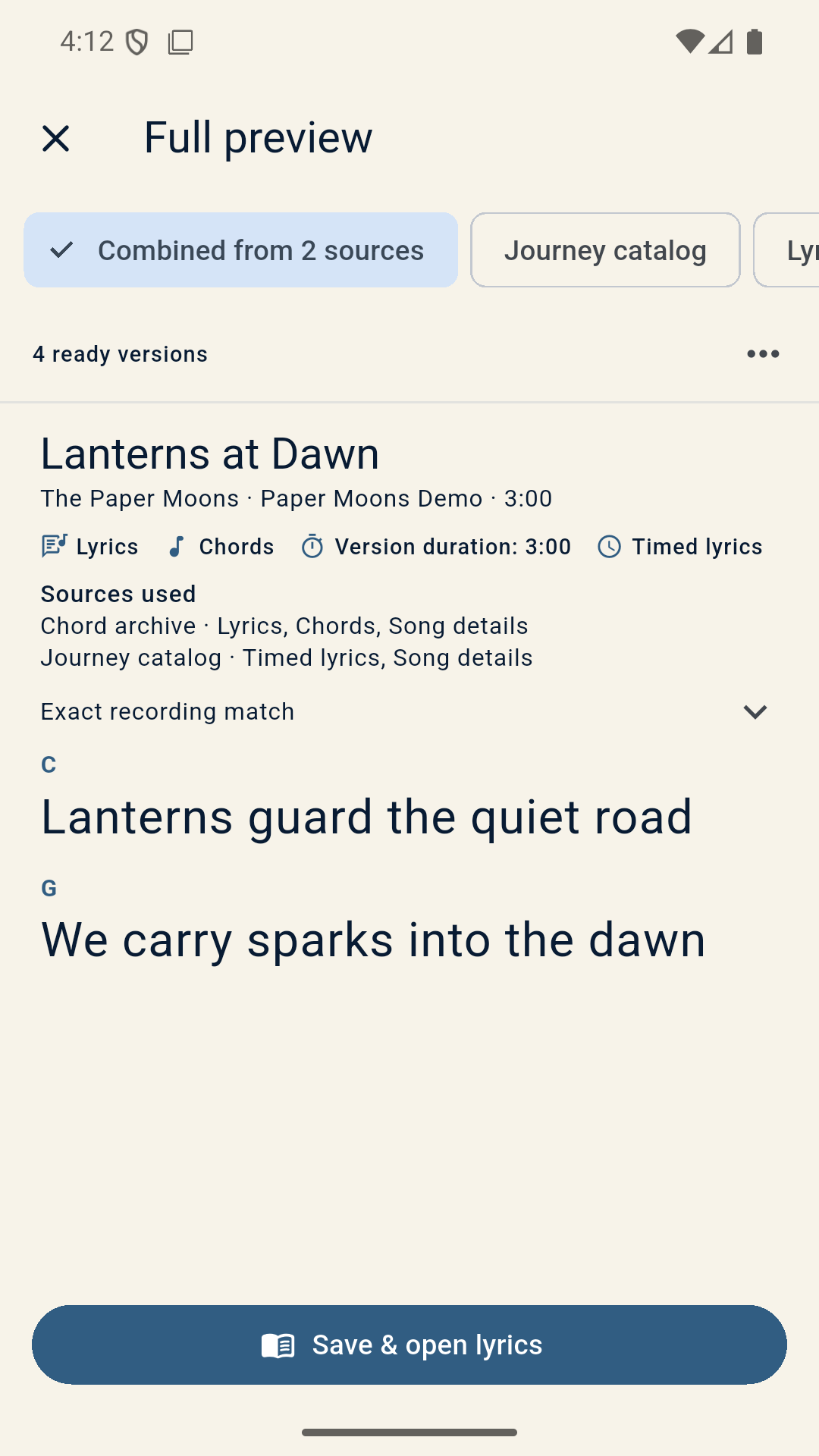Singbook full preview of a fictional chord and lyric arrangement