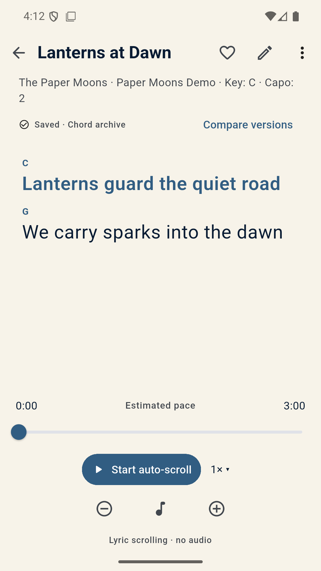Singbook Android reader displaying chords and lyrics from a fictional sample song