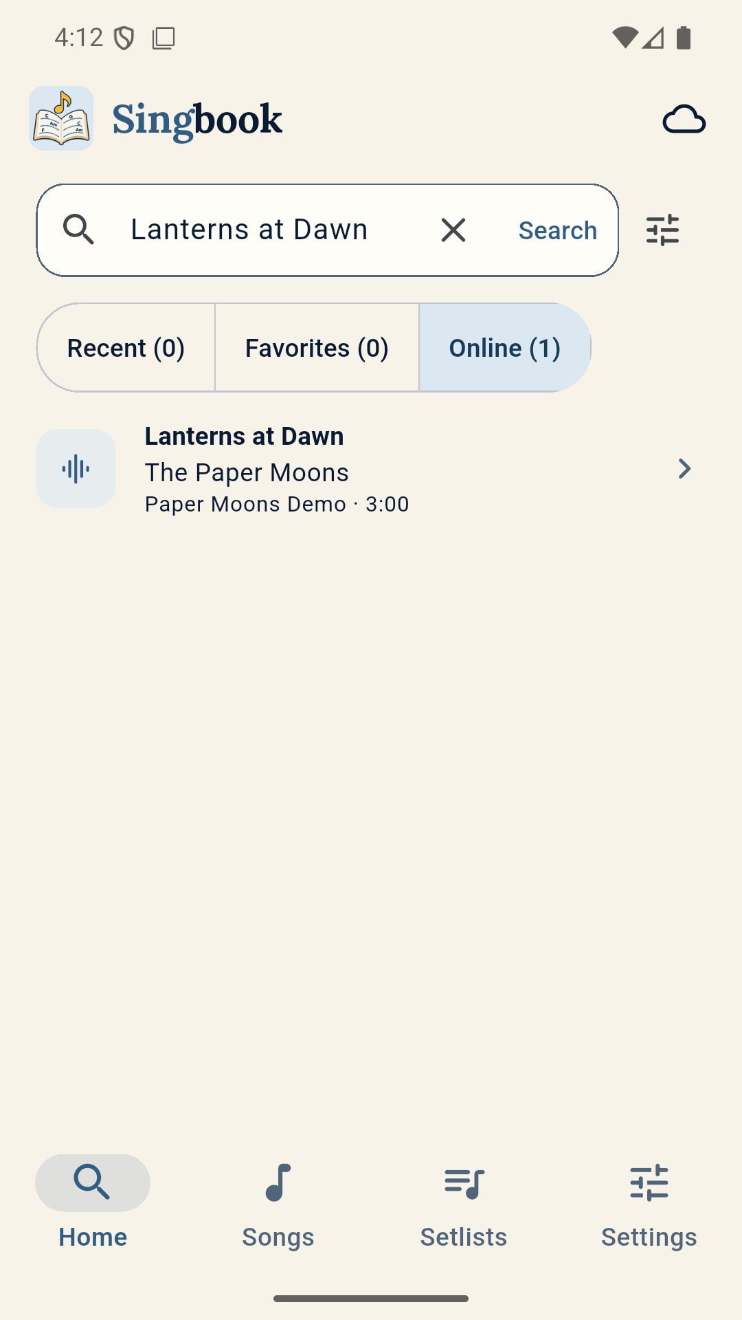 Singbook search result for the fictional song Lanterns at Dawn