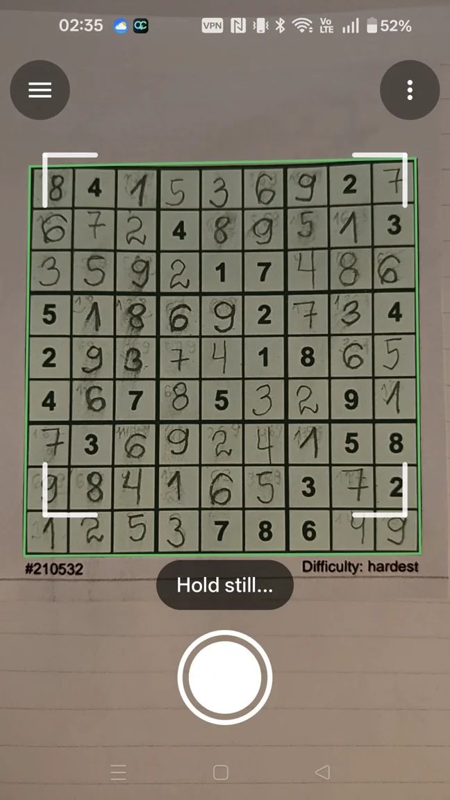 Sudoku Buddy scanning a handwritten paper puzzle