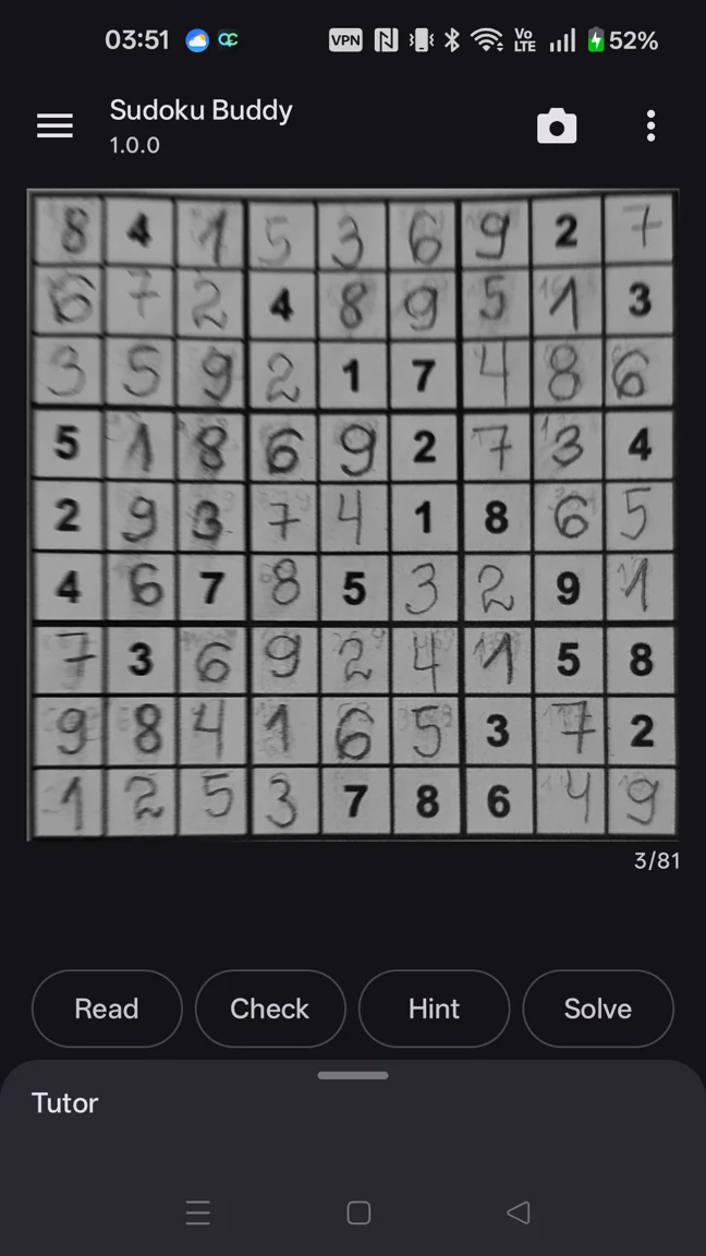 Recognized Sudoku grid ready for review and correction