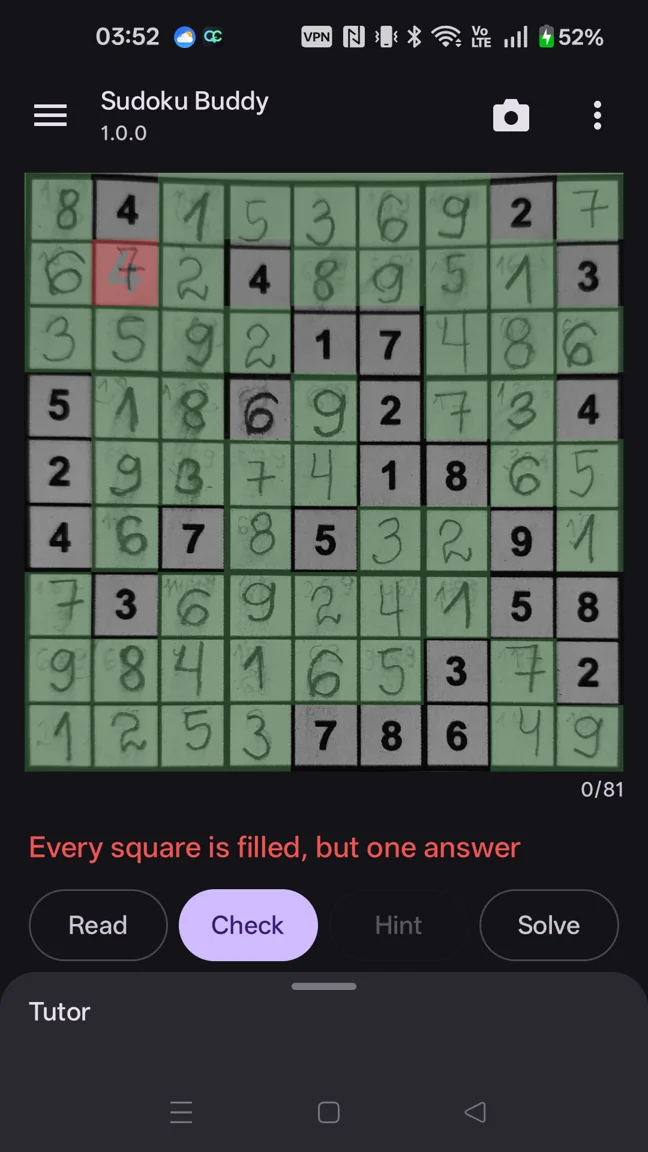 Real Sudoku Buddy Android screen checking handwritten answers on a scanned paper puzzle