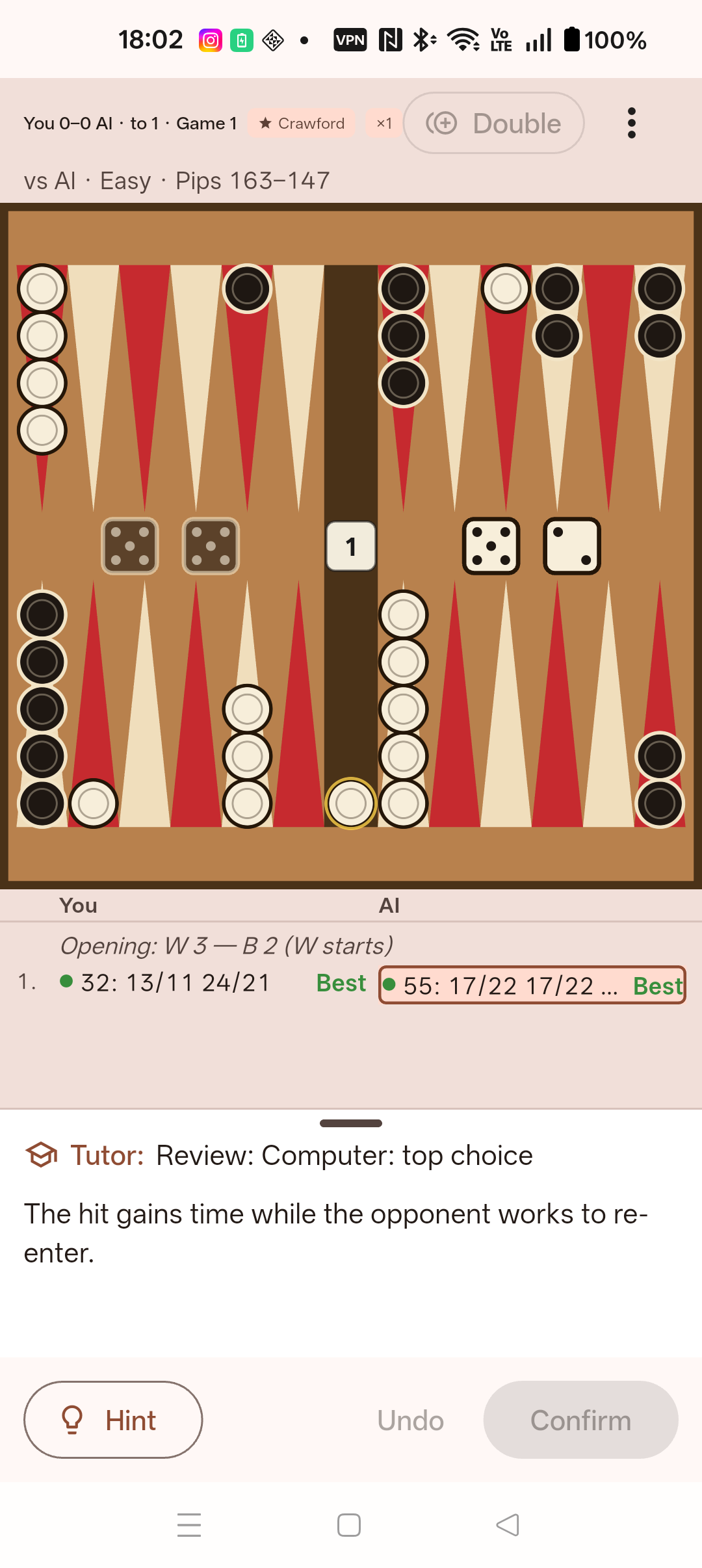 Backgammon Buddy reviewing a selected move from the game history
