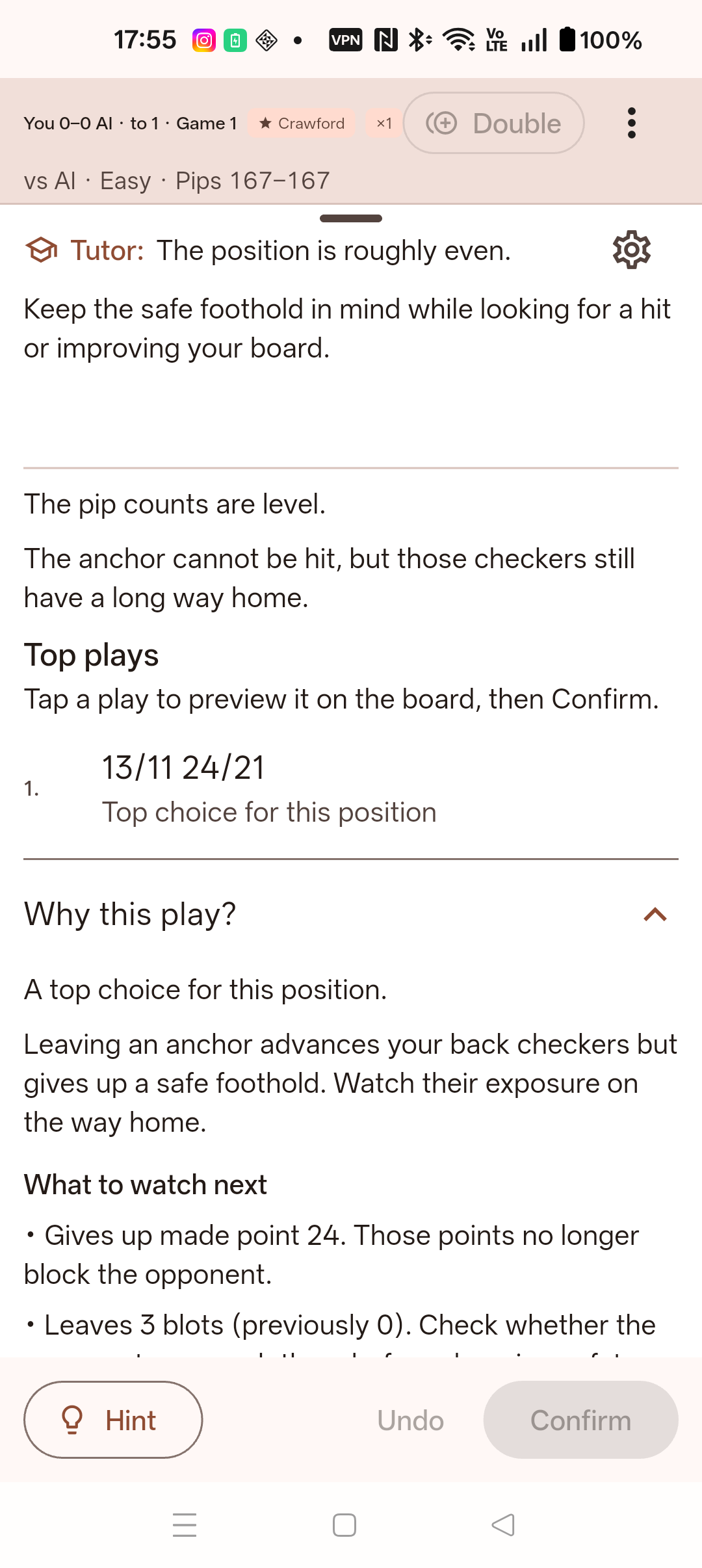 Backgammon Buddy explaining a suggested play and the tradeoff behind it
