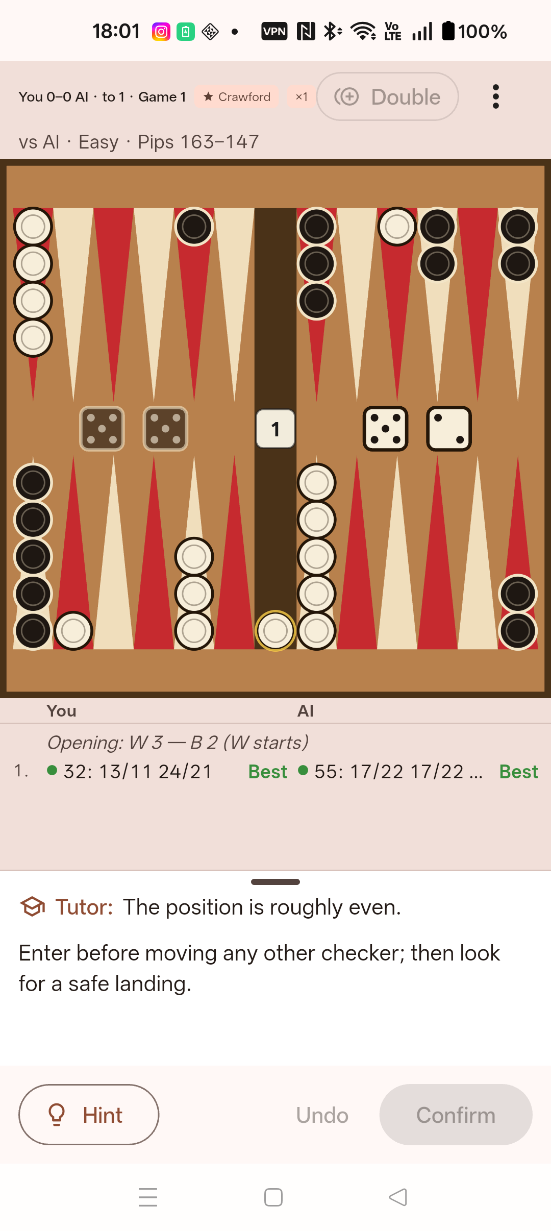 Actual Backgammon Buddy Android app showing a game board, move log and tutor guidance